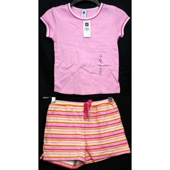 NEW Gap Factory 2pc Outfit Pink Tshirt Striped Shorts sz Med 7/8 Cotton Summer - Picture 1 of 10